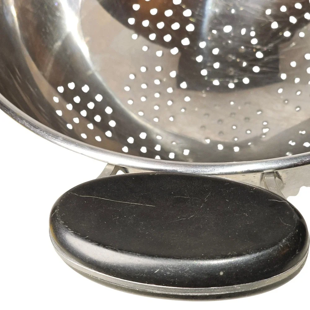 MCM 50s Vintage Stainless Steel Footed Colander Black Bakelite Handles Strainer